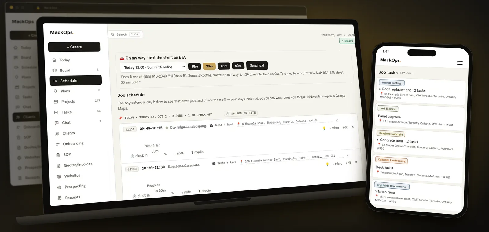 MackOps schedule on desktop alongside the job list on a phone